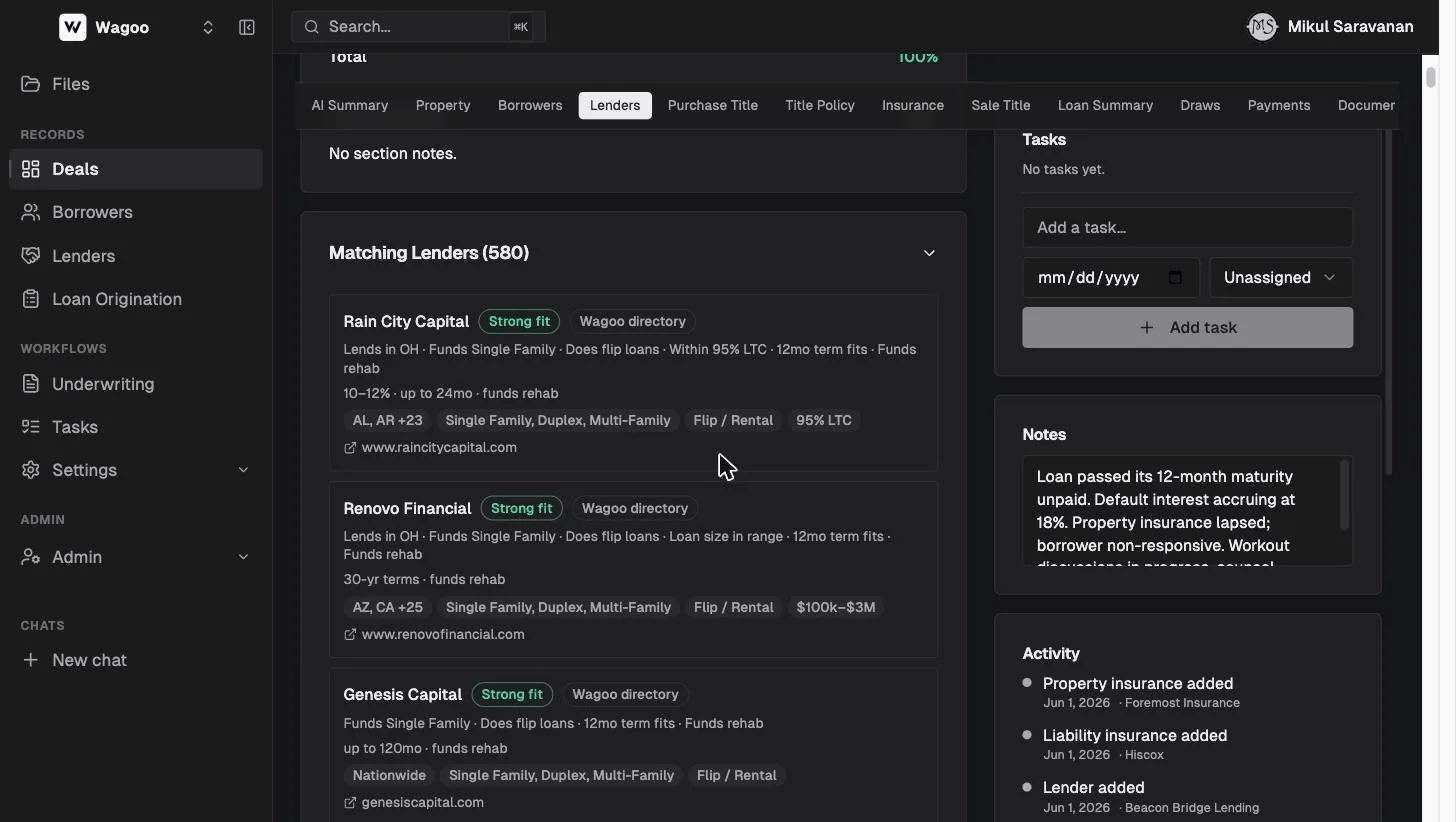 Matching Lenders on a Wagoo deal: scored credit-box matches with fit pills, match reasons, pricing, and credit-box chips