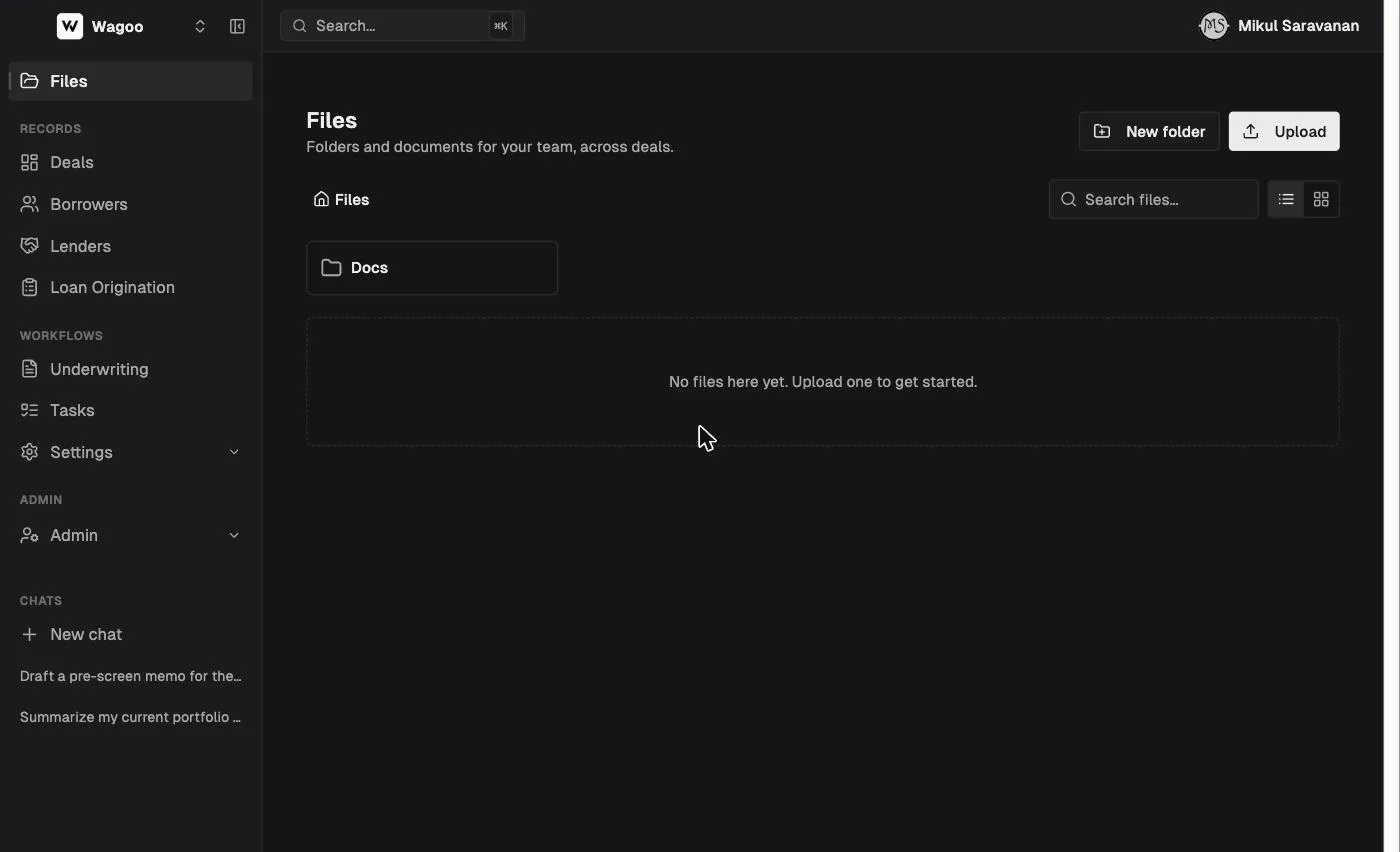 The Wagoo Files library with folders, upload, and search