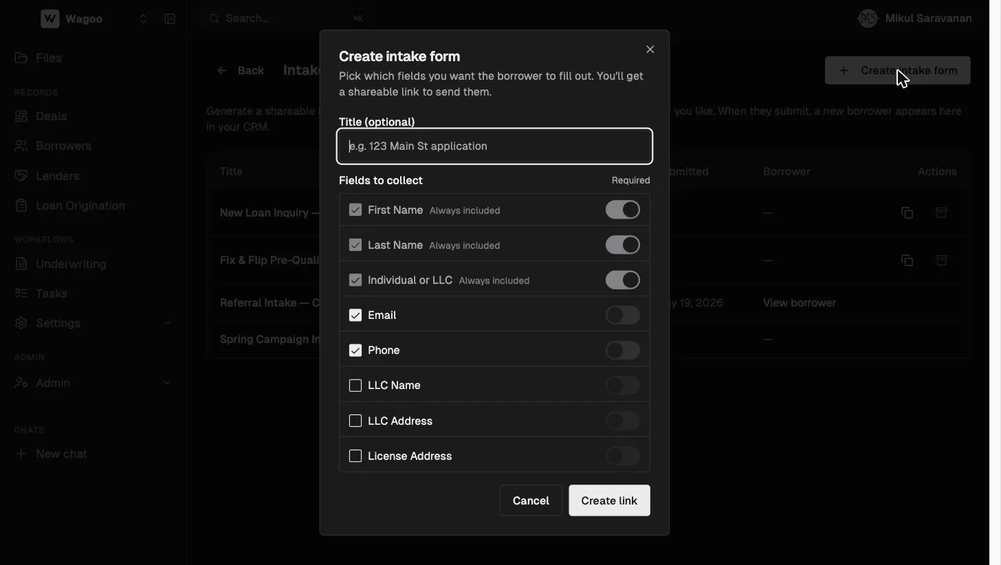 Wagoo's create-intake-form dialog with per-field include and required toggles