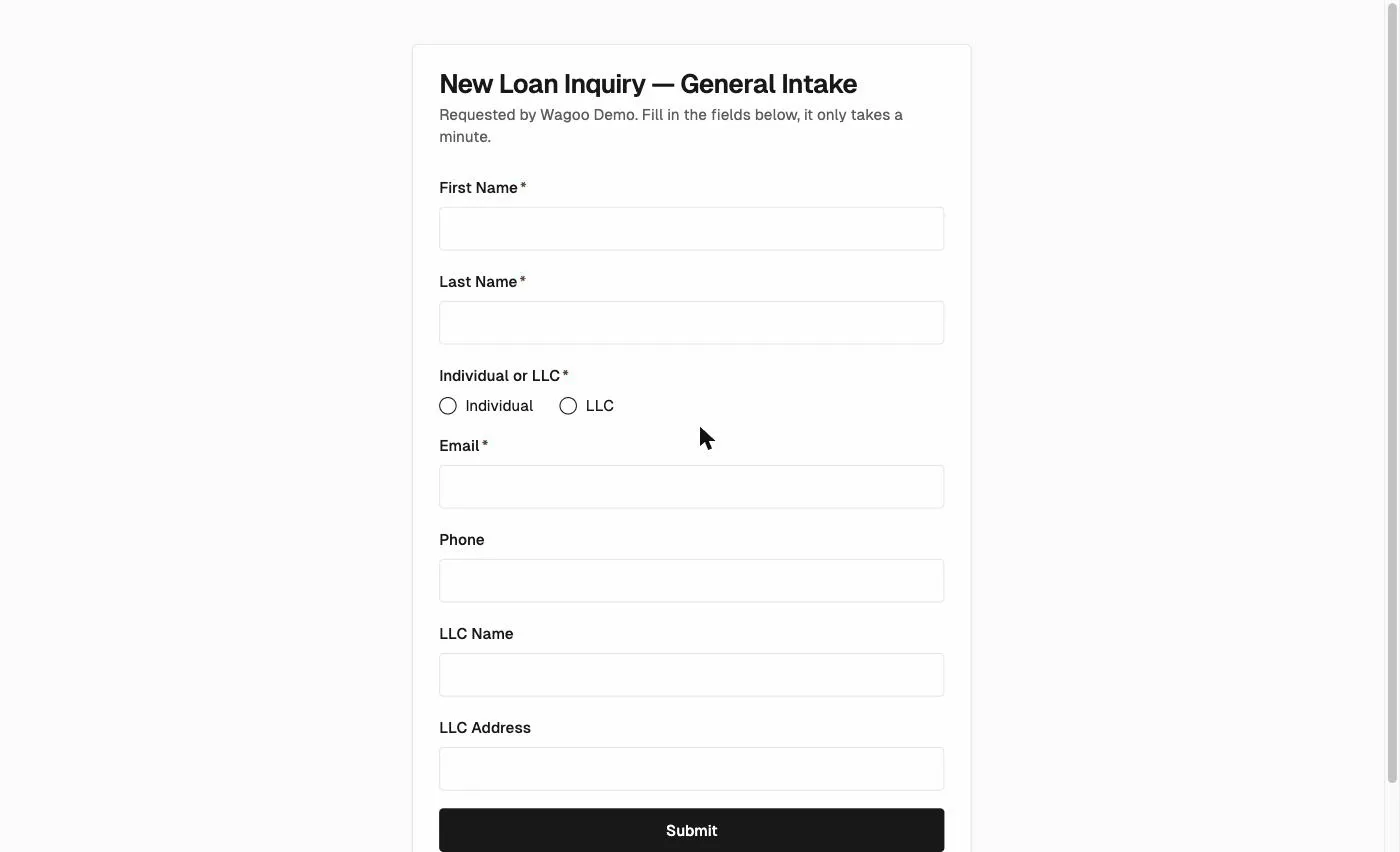 The public Wagoo intake form as the borrower sees it