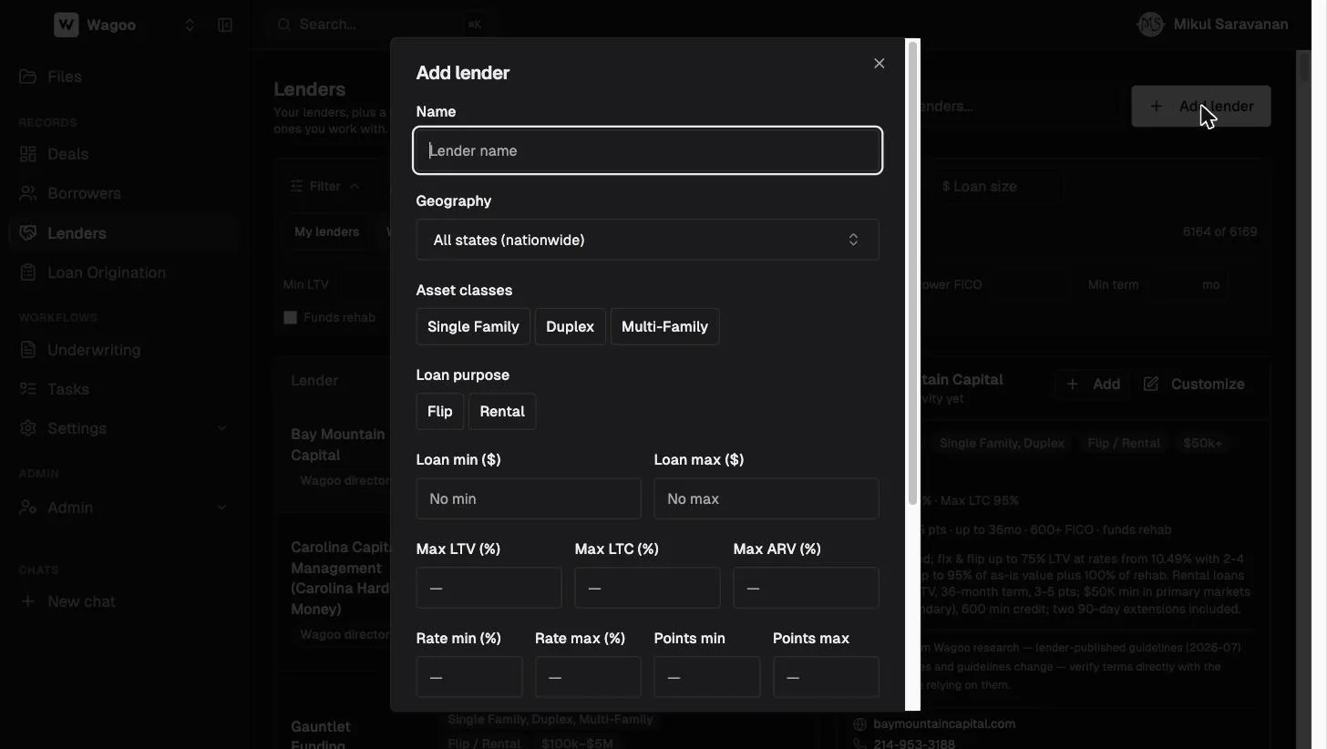 Wagoo's add-lender dialog: the credit-box editor with geography, asset classes, leverage, pricing, and terms