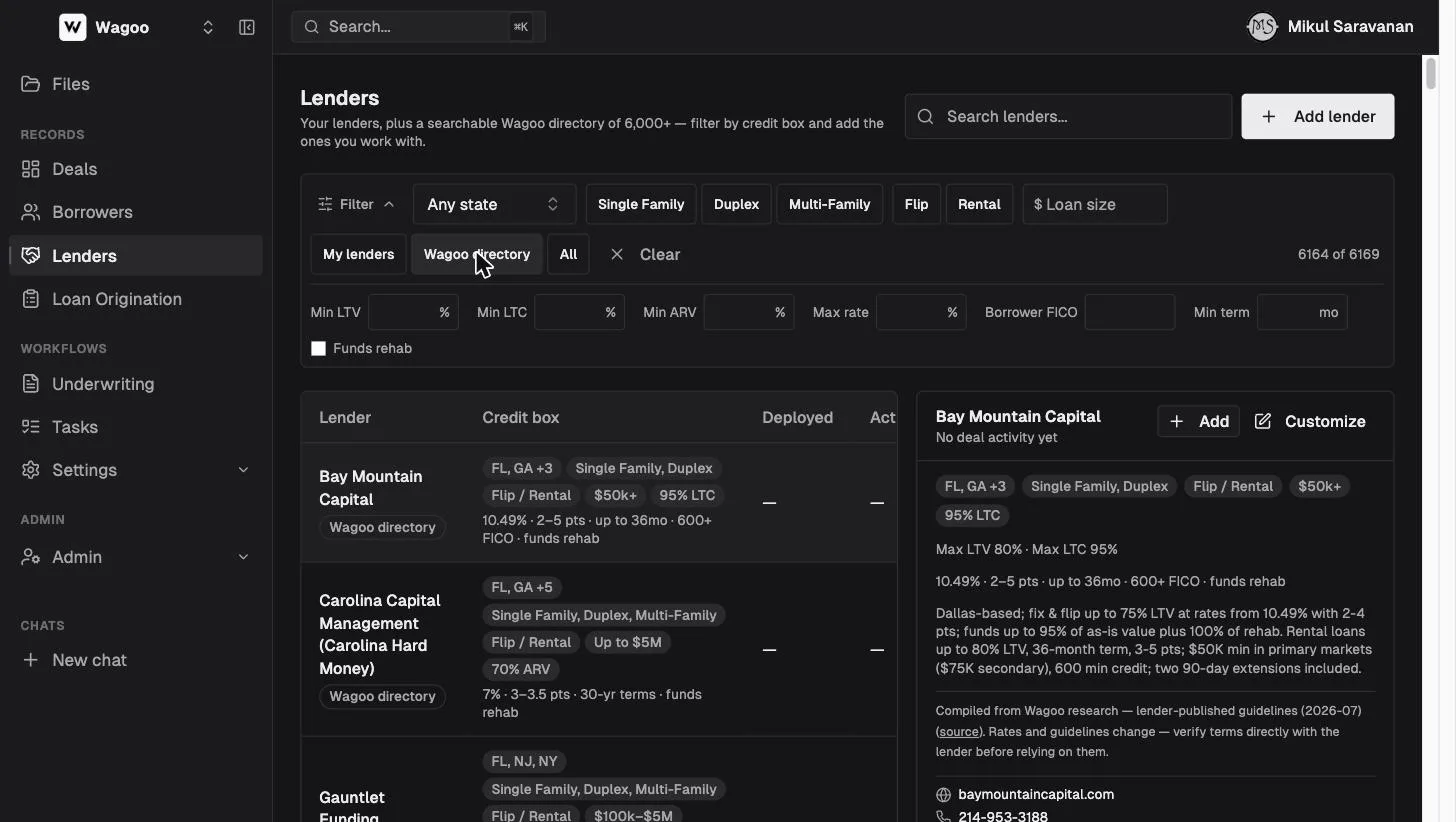 The Wagoo lender directory filtered with the advanced credit-box row open