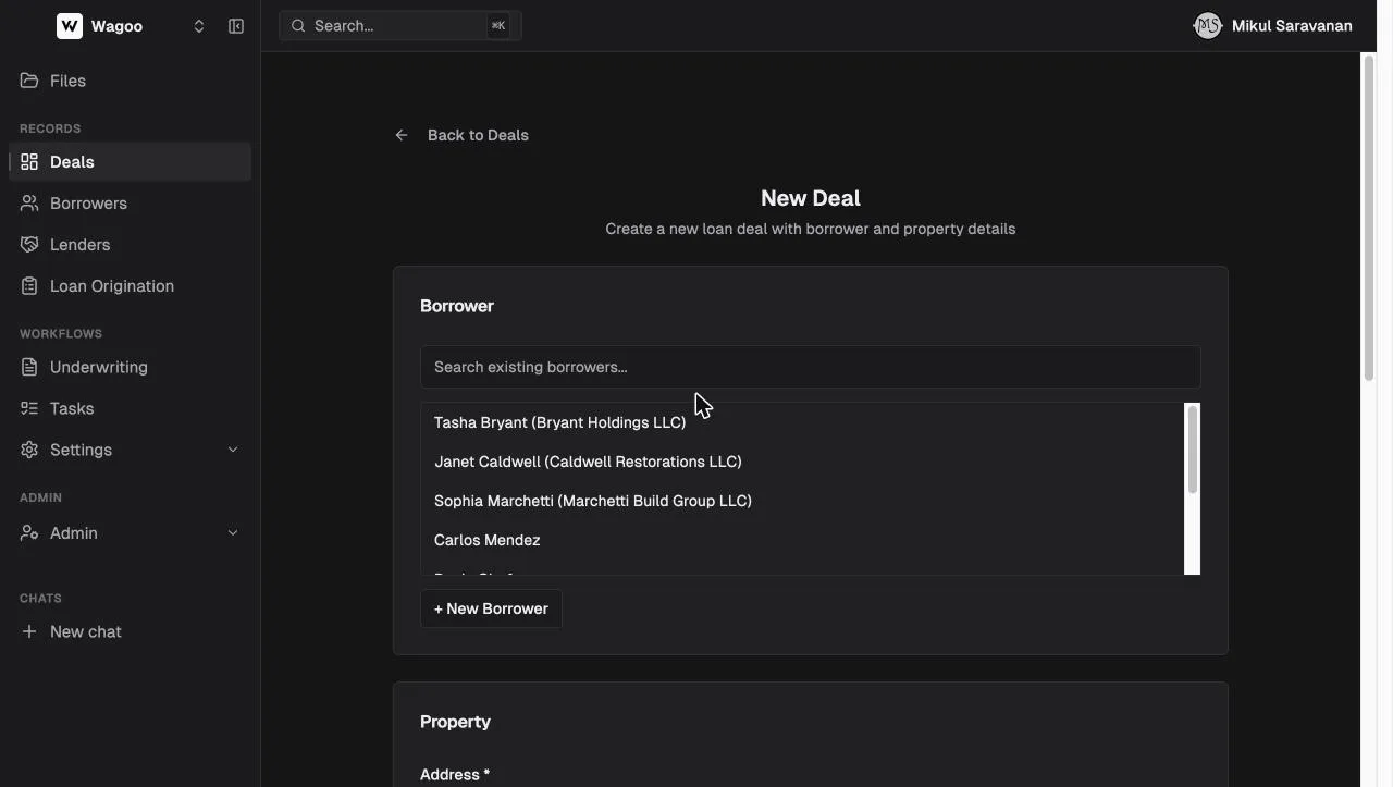 The New Deal form in Wagoo's Loan CRM, with borrower search and inline new-borrower option