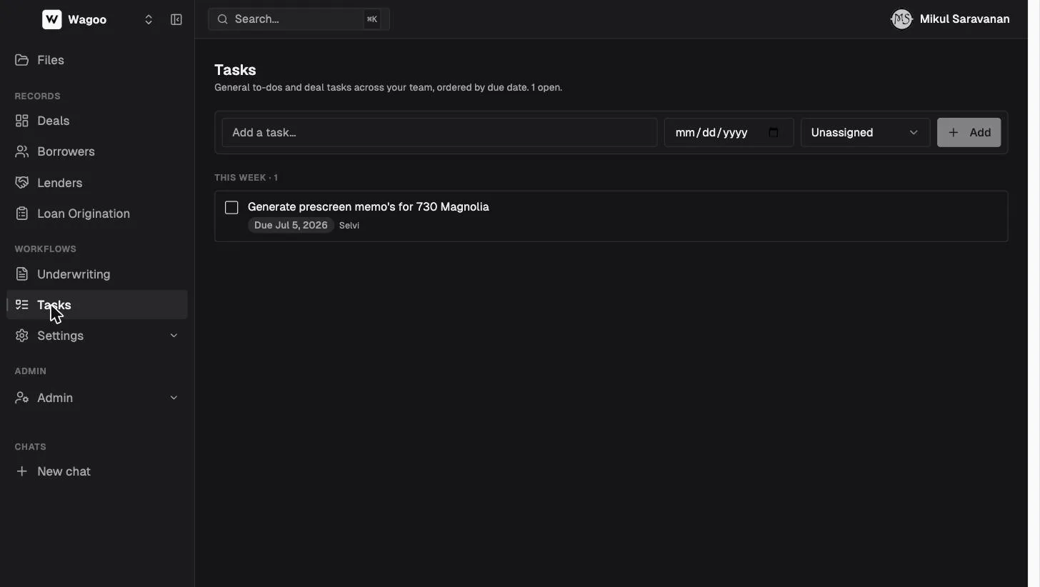 The Wagoo Tasks page with the quick-add row and due-date buckets