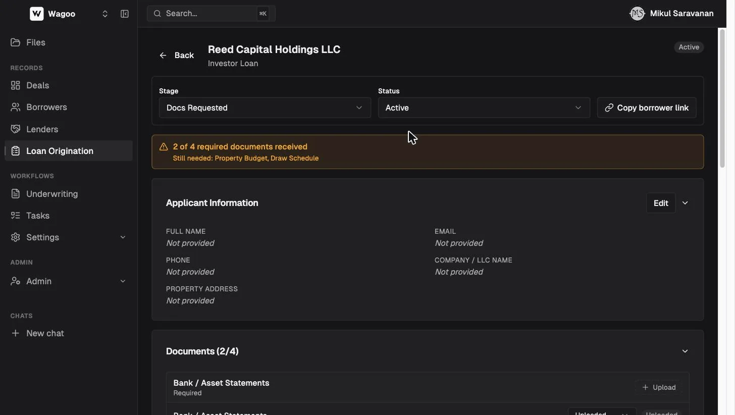 A Wagoo loan application detail page with stage and status controls and a document-readiness banner