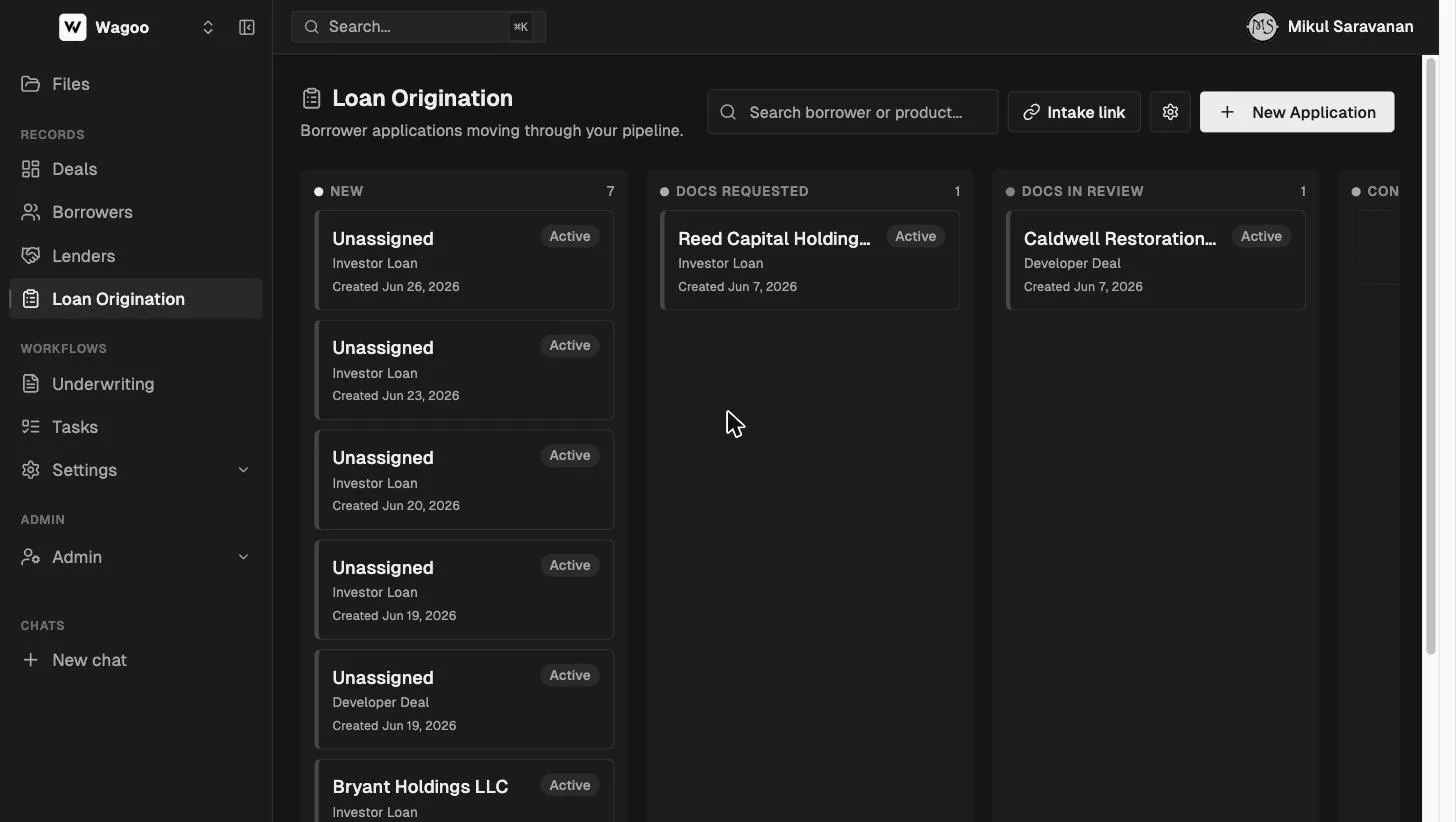Wagoo loan origination pipeline board with stage columns for New, Docs Requested, and Docs In Review
