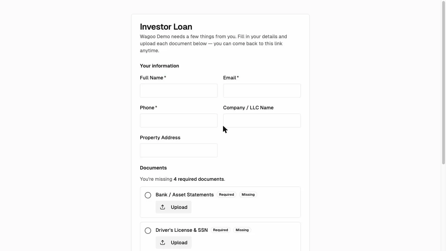 The Wagoo borrower portal: applicant information fields and per-document upload slots with required and missing badges