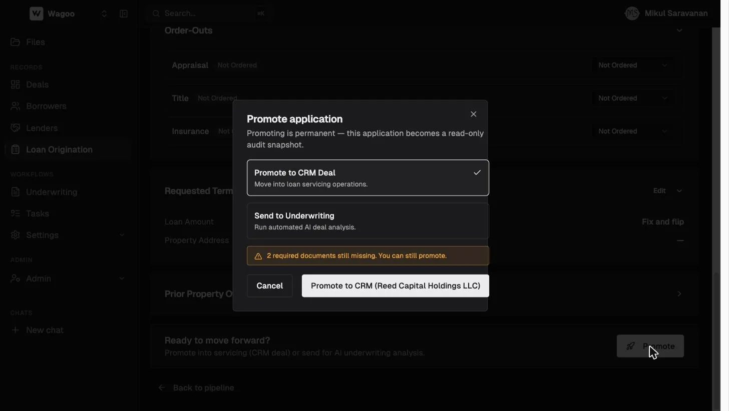 Wagoo's promote dialog: promote to CRM deal or send to AI underwriting